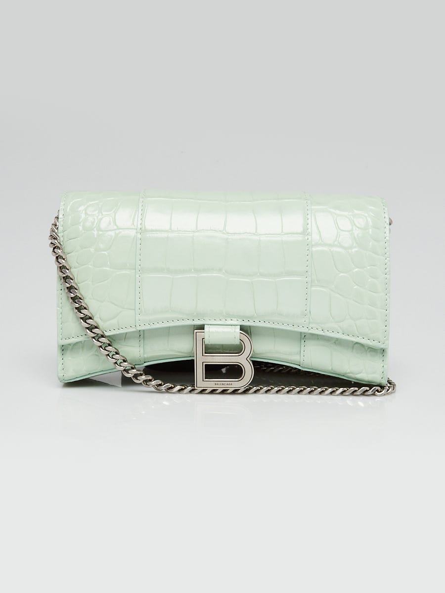 Balenciaga Light Green Croc Embossed Soft Hourglass Wallet On Chain Yoogi's Closet