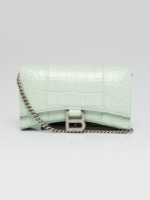 Balenciaga Light Green Croc Embossed Leather Soft Hourglass Wallet On Chain Bag