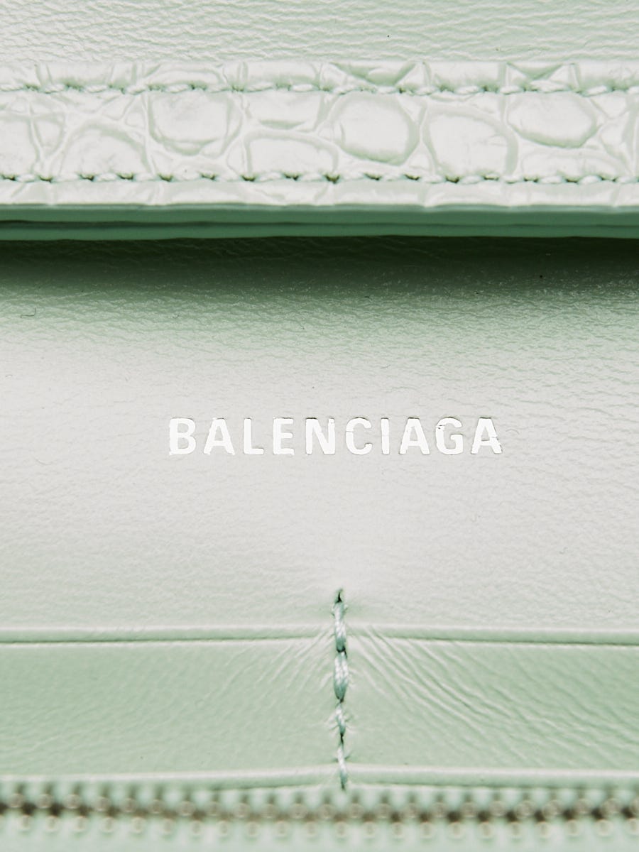 Balenciaga Light Green Croc Embossed Leather Soft Hourglass Wallet on Chain Bag
