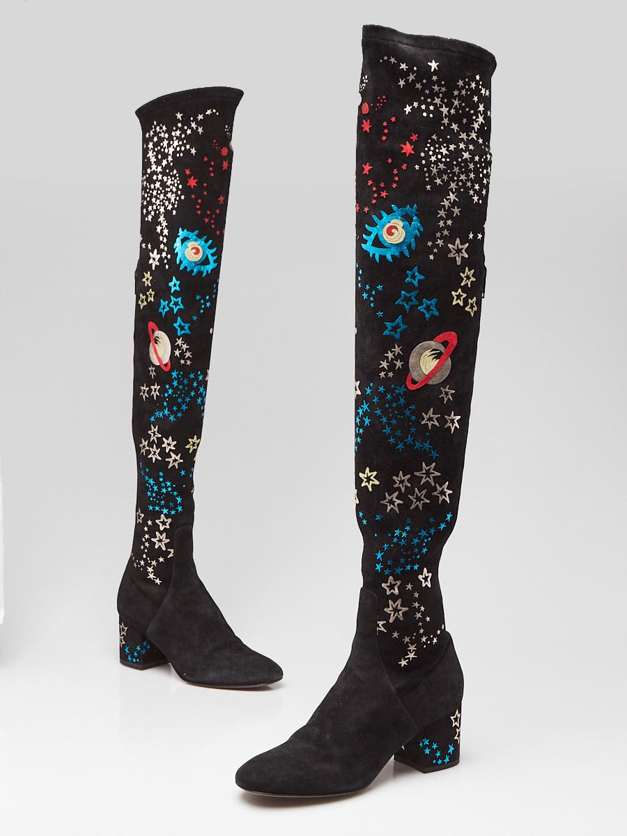 afskaffe Hovedsagelig Mordrin Valentino Black Suede Astro Couture Printed Over The Knee Boots Size 4.5/35  - Yoogi's Closet