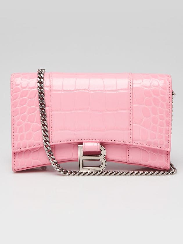 Balenciaga Pink Croc Embossed Leather Soft Hourglass Wallet On Chain Bag