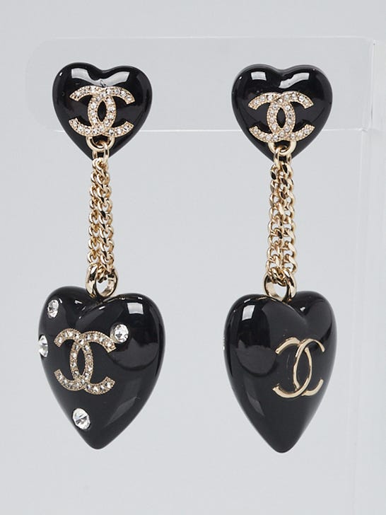 Chanel Black Resin and Crystal Double Heart CC Drop Earrings