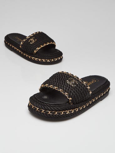 Chanel BLack Braided Rope and Chain CC Open Toe Slide Platform