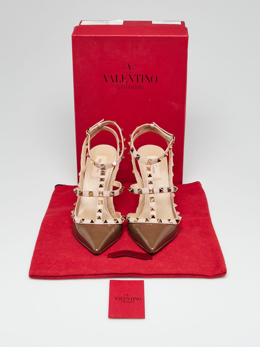 Valentino Brown Patent Leather Rockstud T-Strap Kitten Heels Size