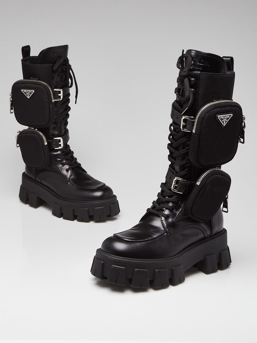Prada Black Leather/Nylon Lace Up Combat Monolith Boots Size 6 