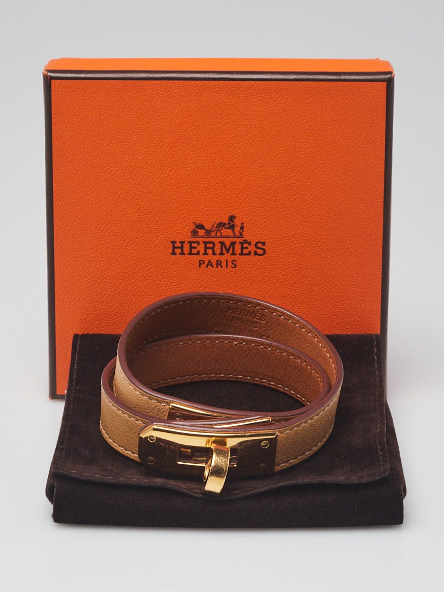 Hermes Paille Swift Leather Palladium Plated Kelly Double Tour Bracelet Size S
