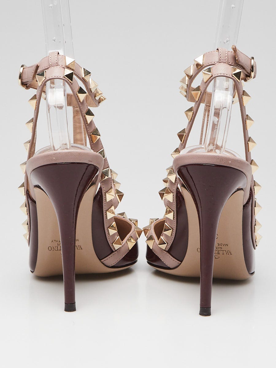 Valentino Burgundy Leather T-Strap Rockstud Heels Size 6.5