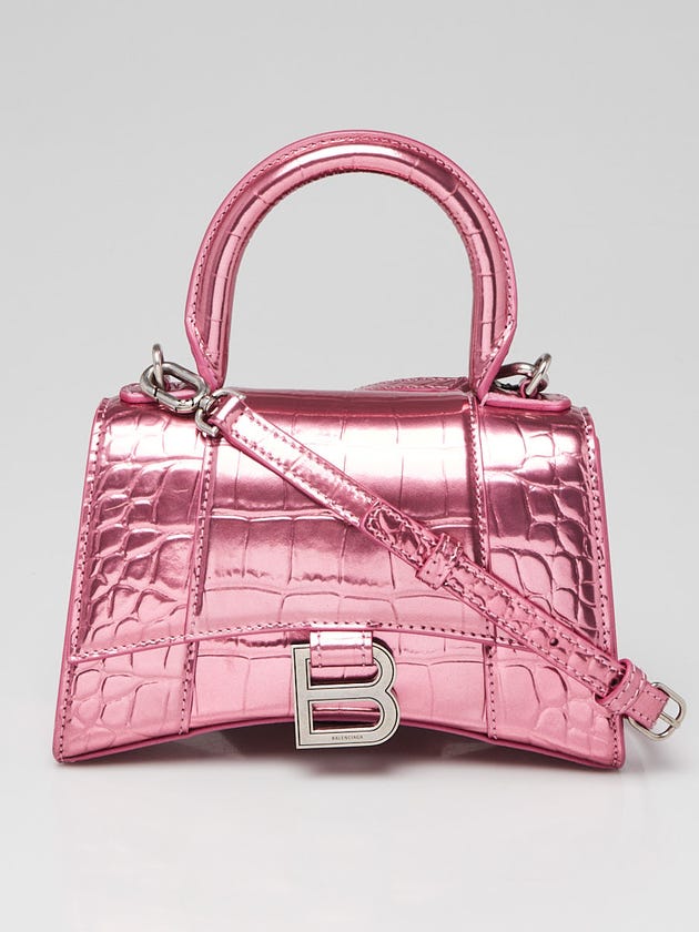 Balenciaga Pink Metallic Croc Embossed Patent Leather Hourglass XS Top Handle Bag