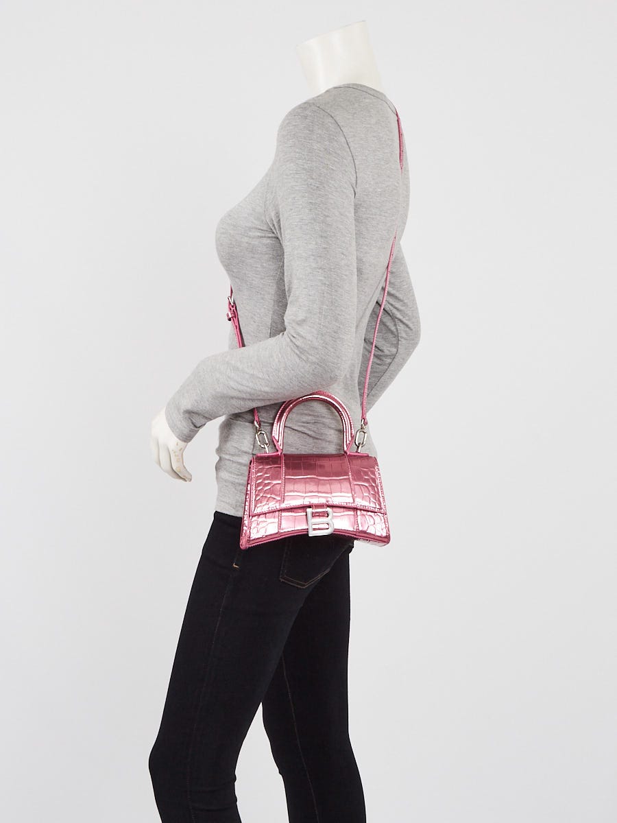 Balenciaga Shiny Calfskin Crocodile Embossed Small Hourglass Top Handle Bag Baby Pink