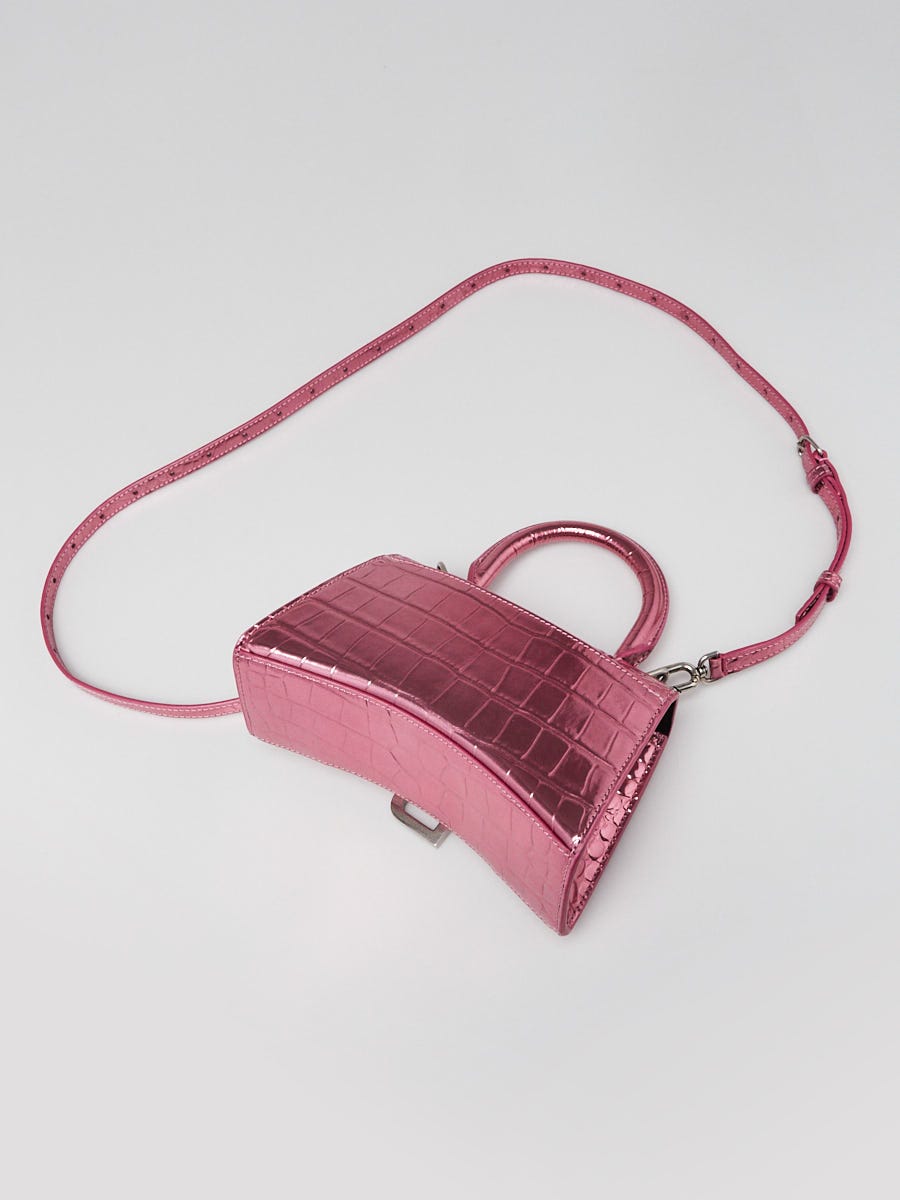 Balenciaga Hourglass Mini Handbag Metallized Crocodile Embossed