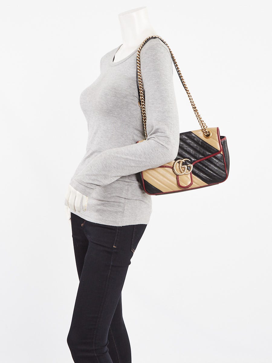 Gucci Black/Red/Beige Quilted Leather Marmont Torchon Small Flap Bag