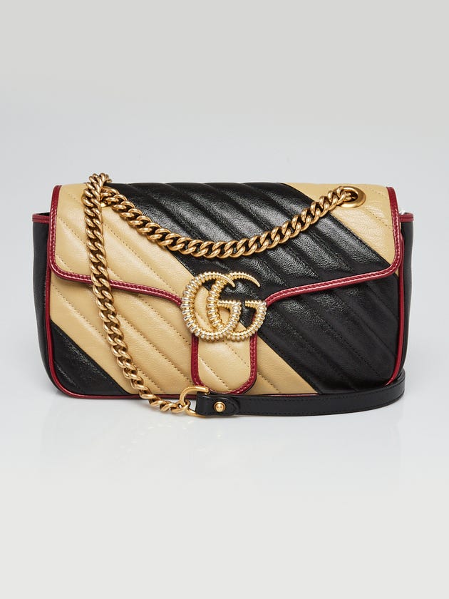 Gucci Black/Beige/Red Quilted Shiny Leather GG Marmont Small Matelasse Shoulder Bag