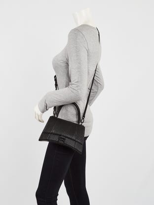 Balenciaga Black Croc Embossed Leather Hourglass Small Top Handle Bag