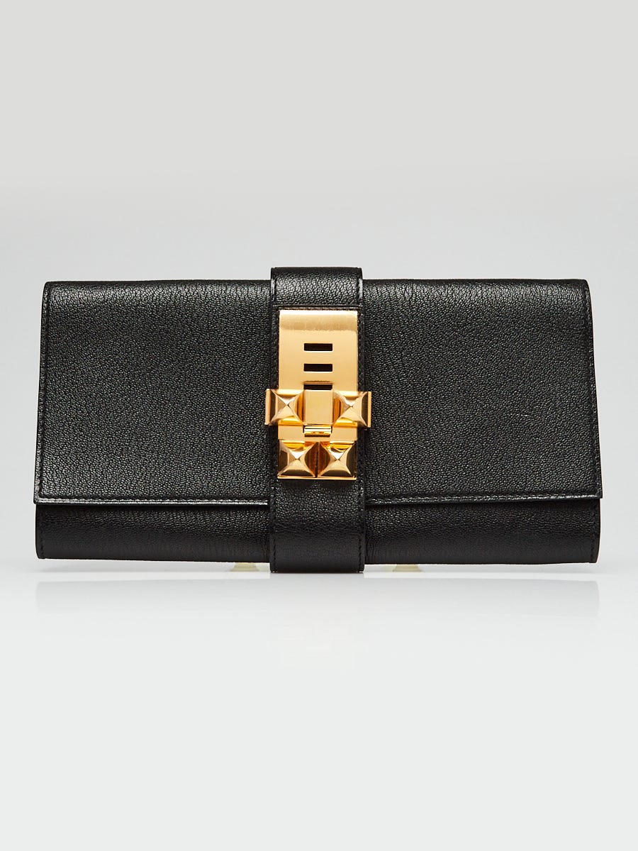 HERMES メモパッド　黒 レザー Hermes 23cm Black Chevre Leather Gold Plated Medor Clutch Bag