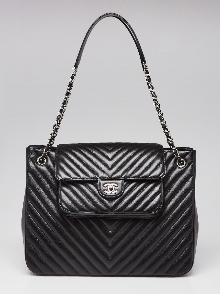Chanel Black Chevron Quilted Caviar Leather Front Flap Pocket Tote