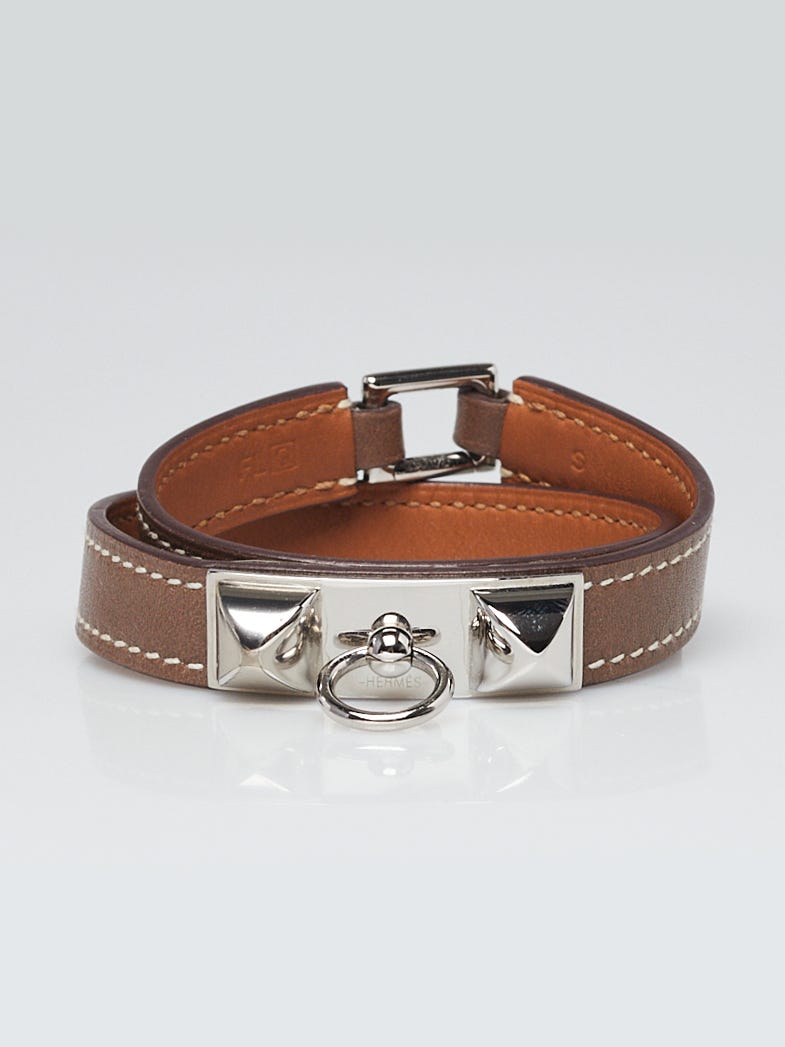 Hermes Etoupe Swift Leather Palladium Plated Rivale Double Tour Bracelet Size S