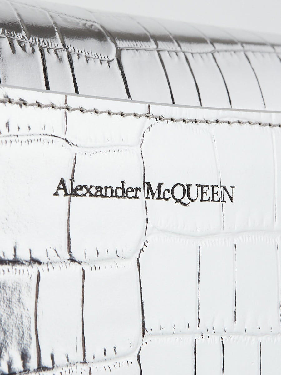 Alexander McQueen Silver Croc Embossed Leather Four Ring