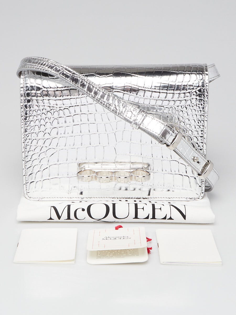 Alexander McQueen Coral Croc Embossed Leather Four Ring Crossbody Bag