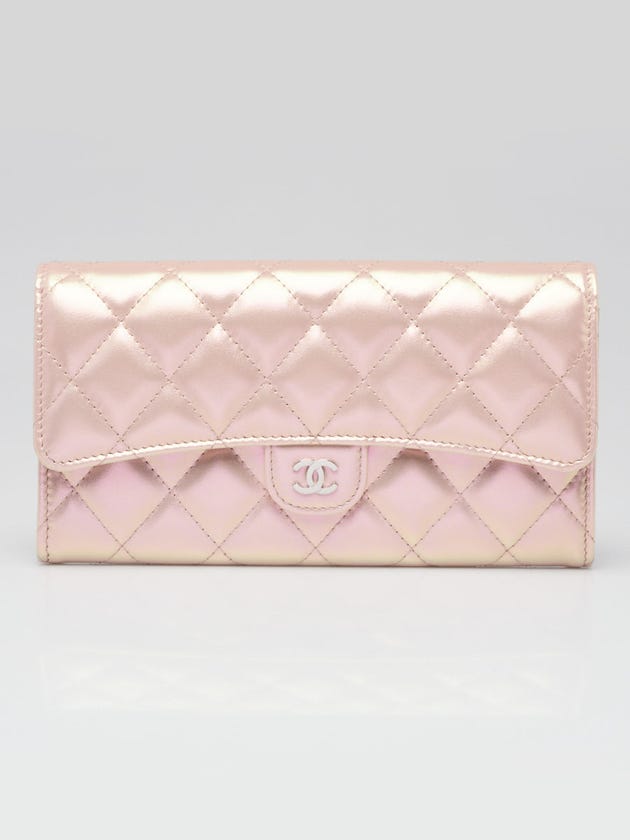 Chanel Iridescent Pink Quilted Calfskin Leather L Gusset Flap Wallet