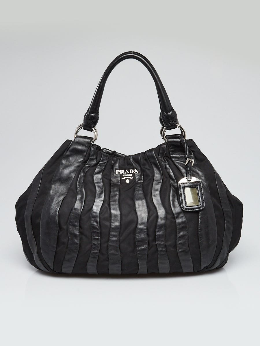 Prada Black Leather and Nylon Striped Tote Bag