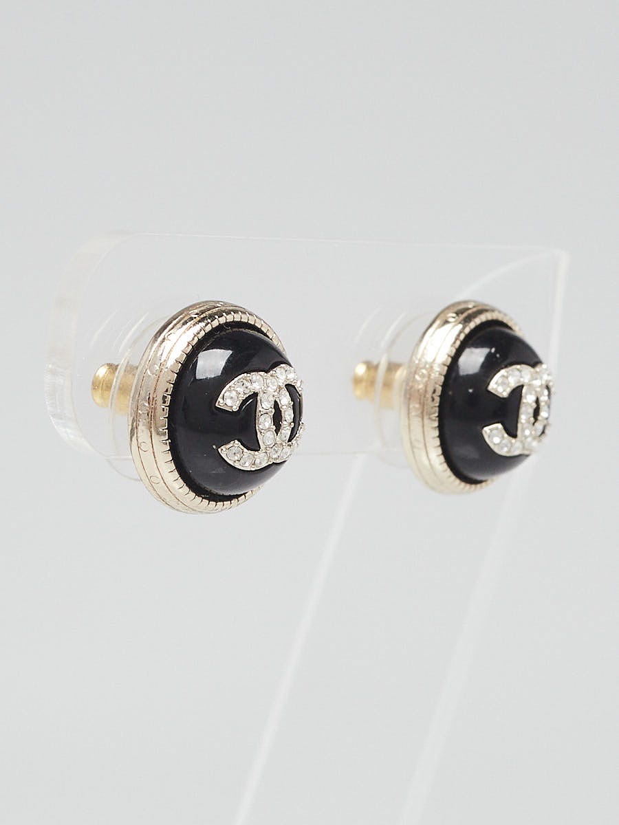 Chanel Black Enamel and Crystal CC Round Stud Earrings - Yoogi's Closet
