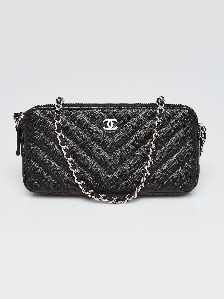 Chanel Black Chevron Quilted Caviar Leather Clutch With Chain