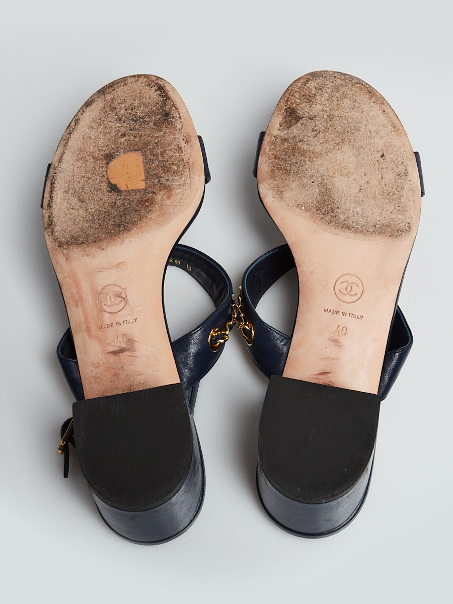 Chanel Navy Lambskin Leather and Chain Open Toe Sandals Size 9.5