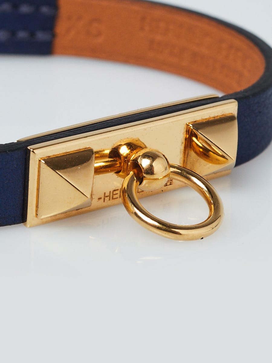 Hermes Bleu Saphir Swift Leather Gold Plated Mini Rivale Bracelet Size Xs