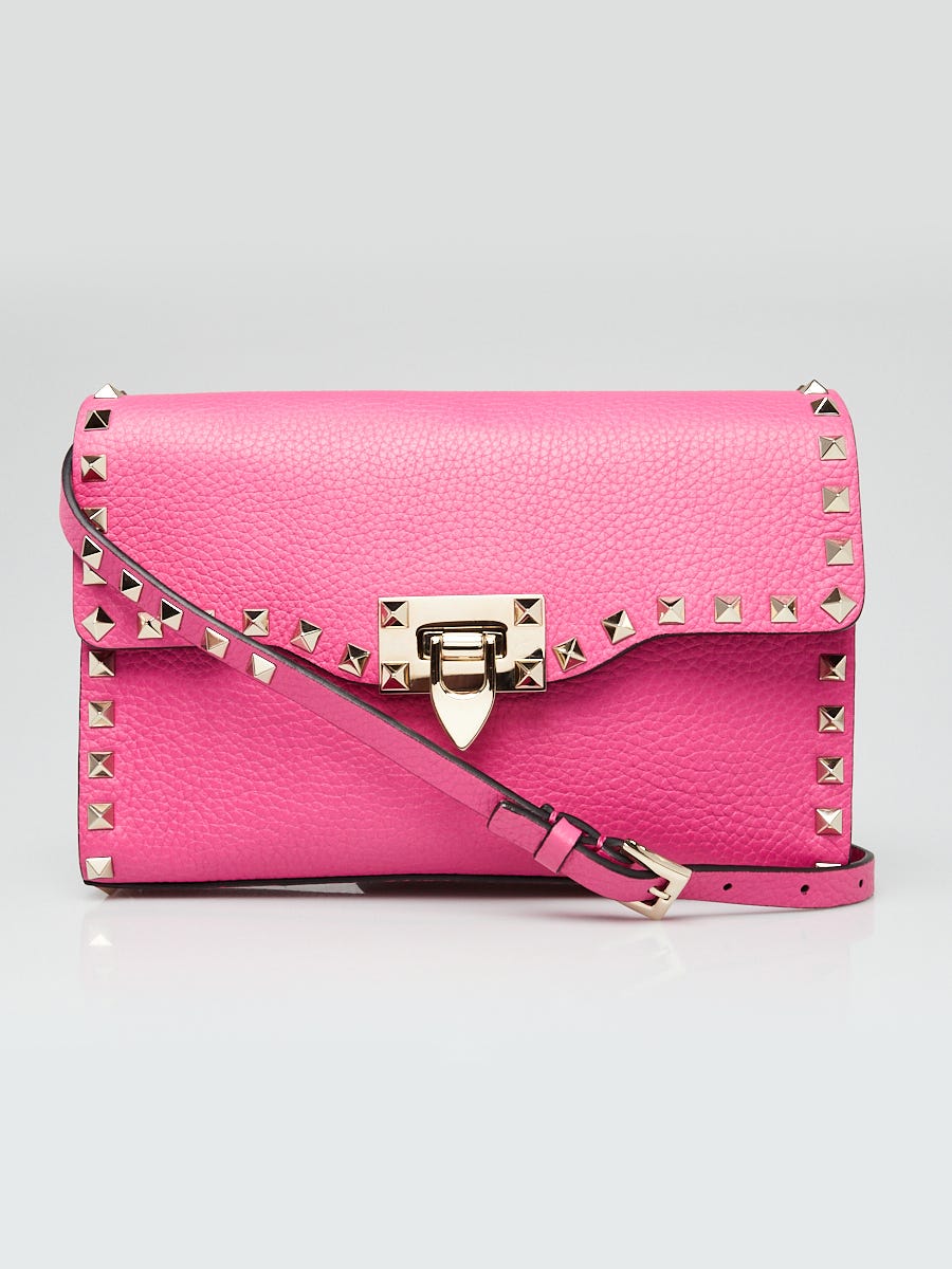 Valentino Pink Pebbled Leather Rockstud Medium Shoulder Flap Bag
