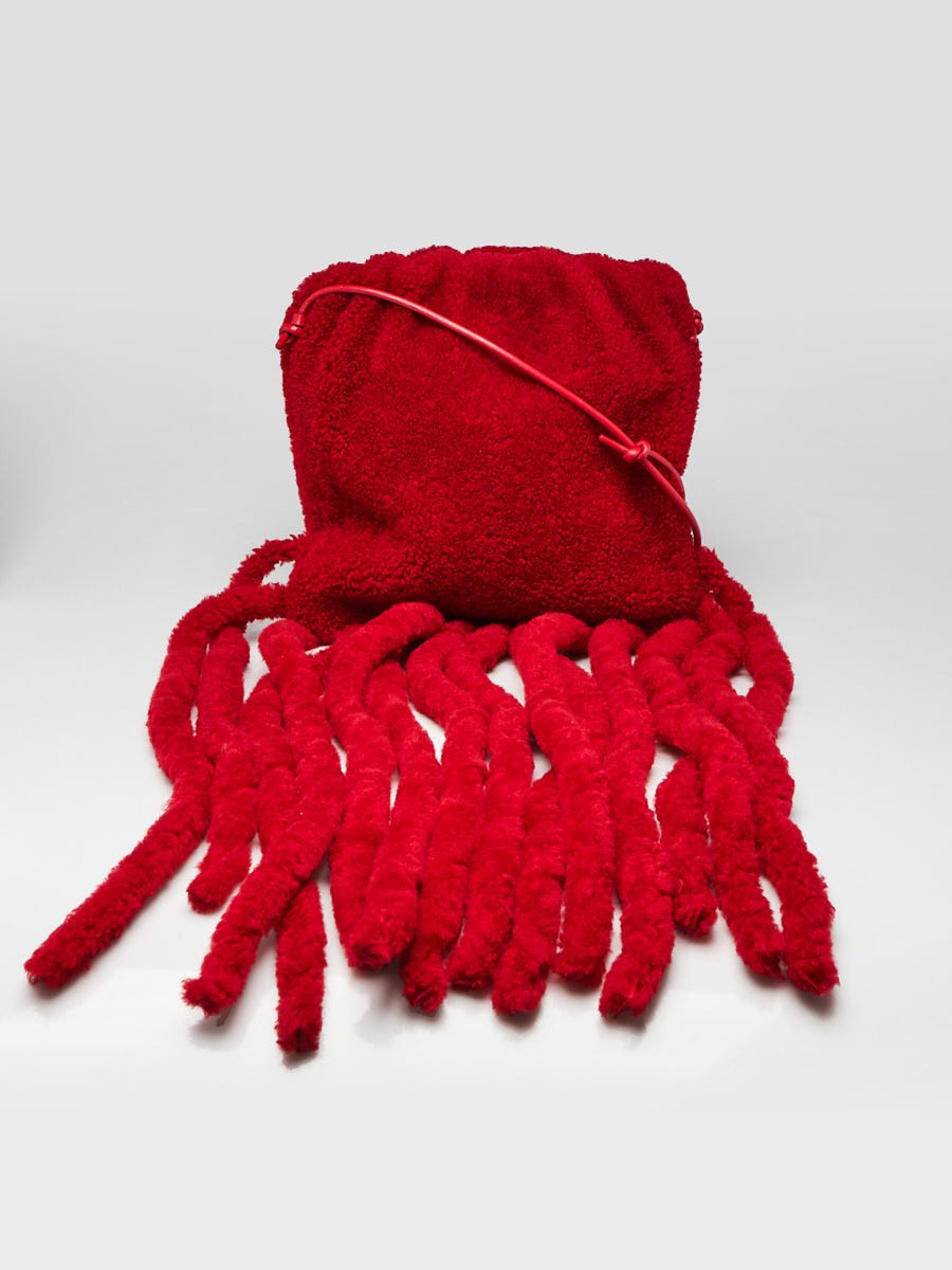 Bottega Veneta Red Shearling Fringe Pouch Shoulder Bag
