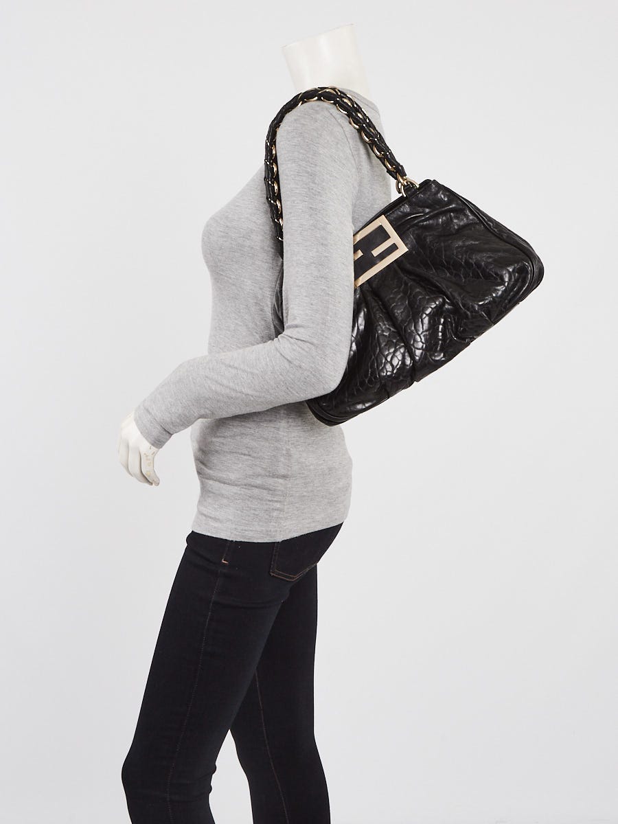 Fendi Black Pebbled Leather Small Mia Tote Bag 8BR615