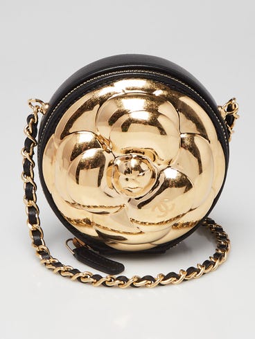 Chanel Black Leather and Gold Metal Camellia Round Clutch with Chain Bag | Yoogi's Closet Chanel Black Leather and Gold Metal Camellia Round Clutch with Chain Bag | Yoogi's Closet