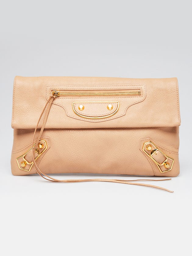 Balenciaga Beige Oryx Chevre Leather Metallic Edge Envelope Clutch Bag