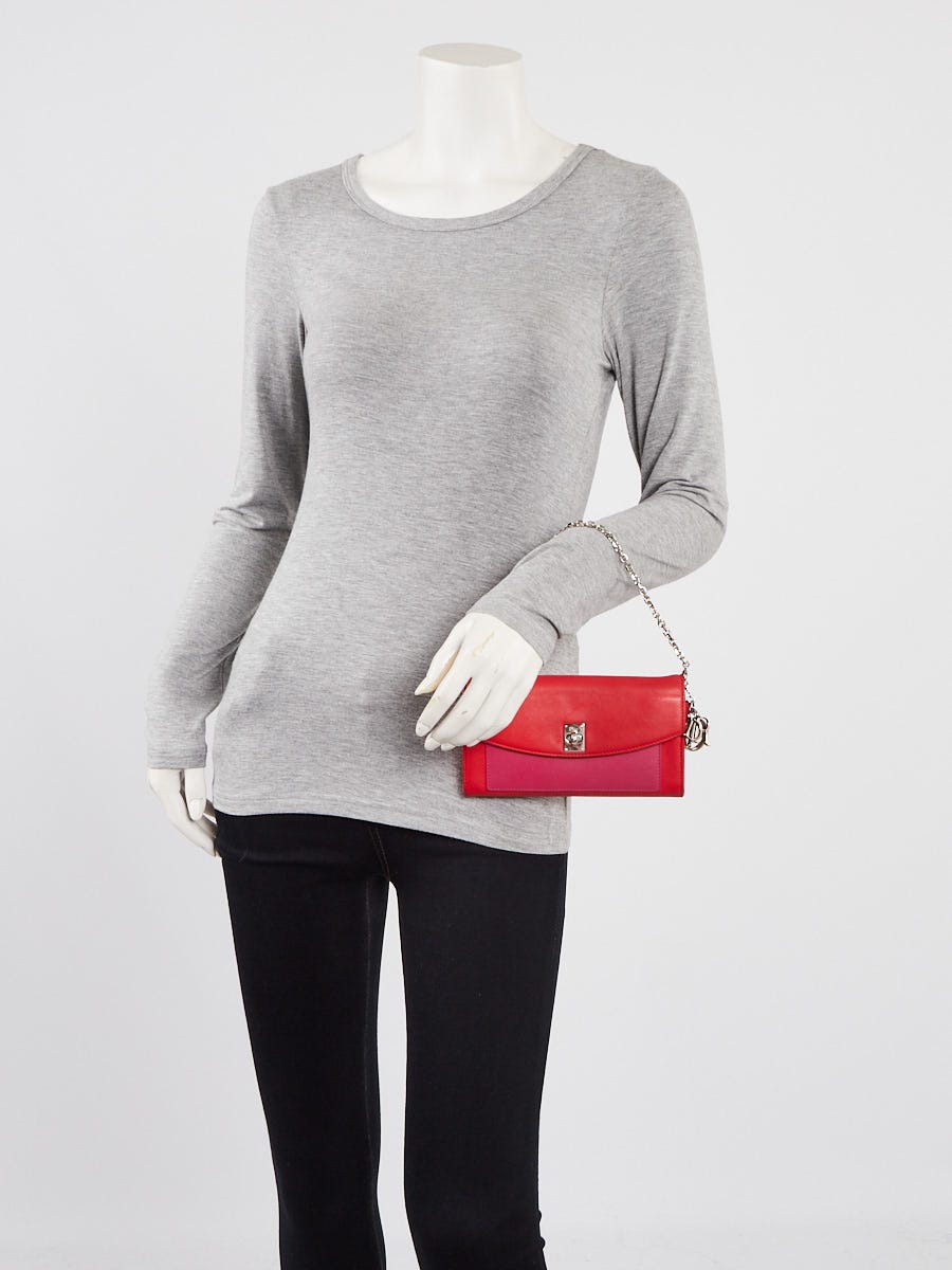 Christian Dior Red/Pink Leather Twist Wallet on Chain Clutch Bag