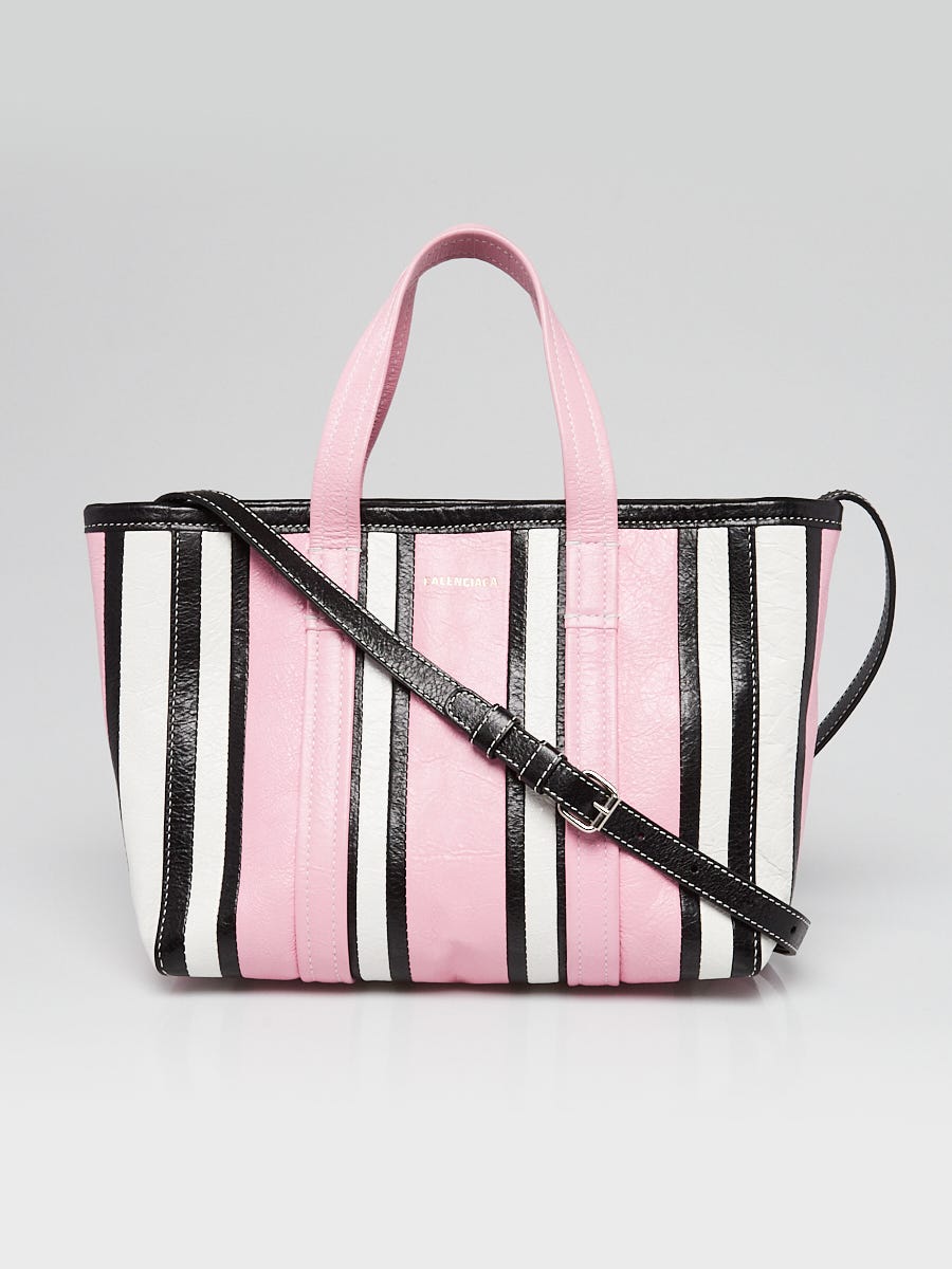 Balenciaga Black/White/Pink Striped Leather Small Barbes Crossbody Tote Bag