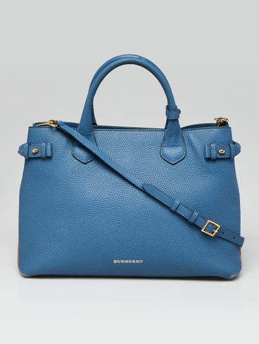 Burberry Blue Pebbled Leather House Check Medium Banner Tote Bag