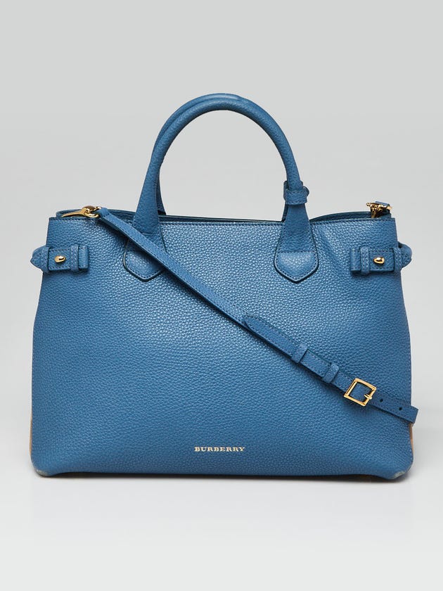 Burberry Blue Pebbled Leather House Check Medium Banner Tote Bag