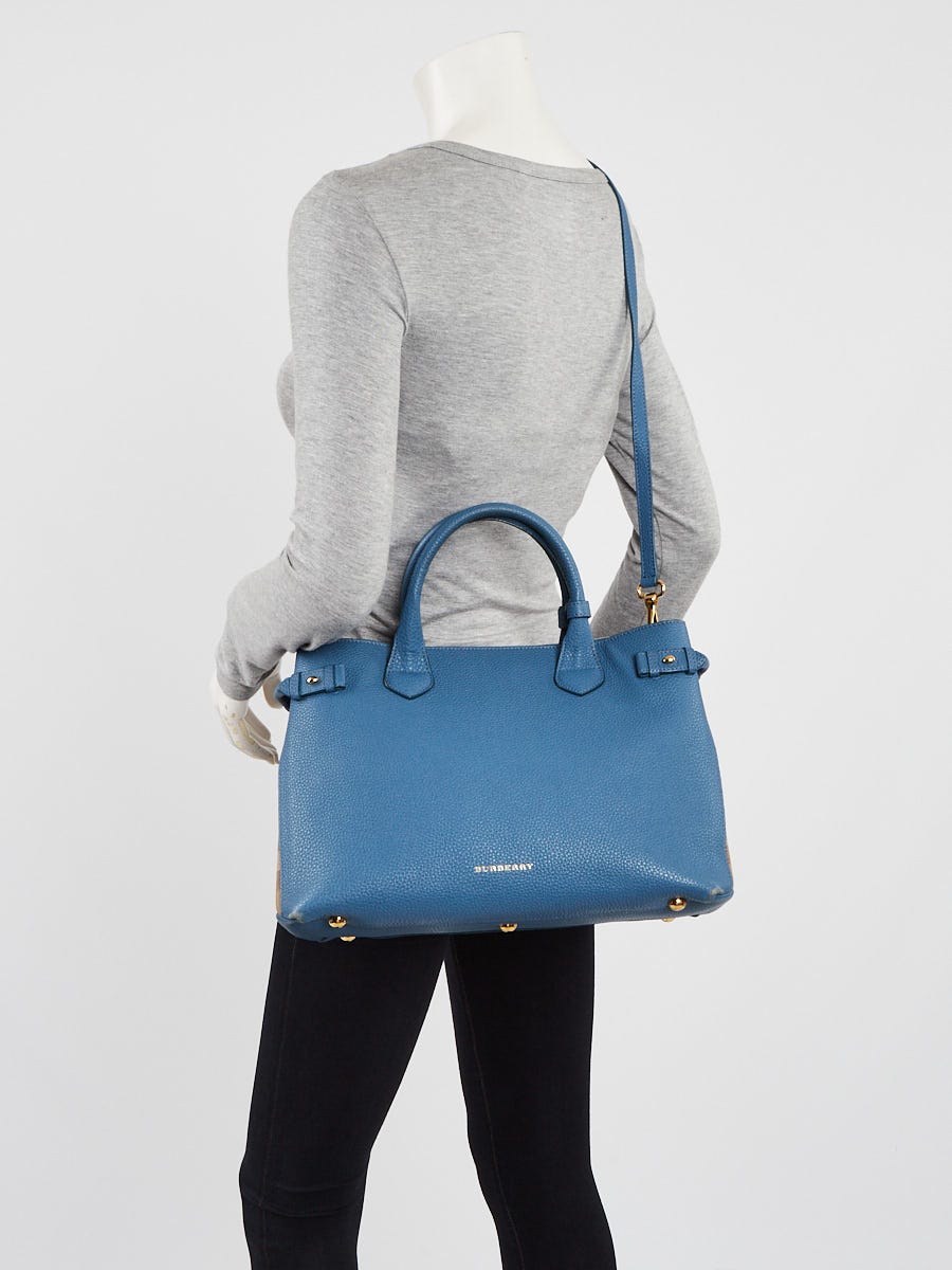 Burberry Blue Pebbled Leather House Check Medium Banner Tote Bag
