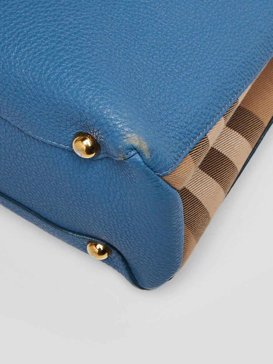 Burberry Blue Pebbled Leather House Check Medium Banner Tote