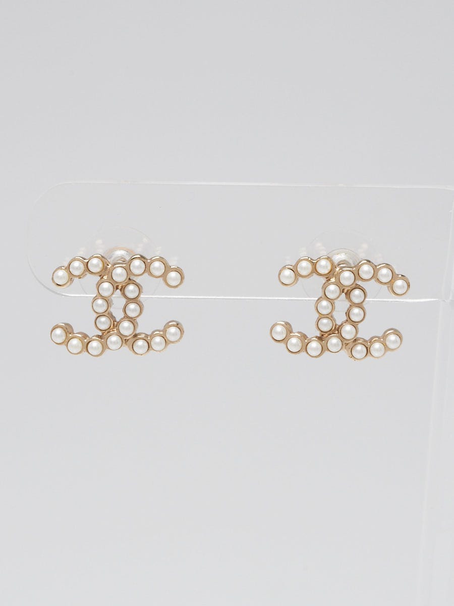 Chanel Goldtone Metal CC Faux Pearl Stud Earrings