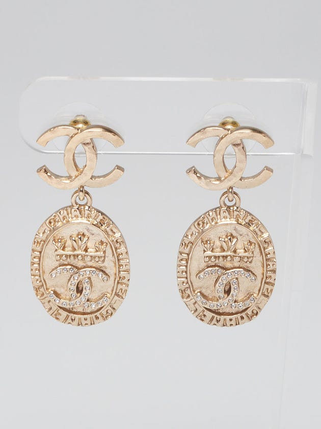 Chanel Goldtone Metal and Crystal CC Medallion Drop Earrings