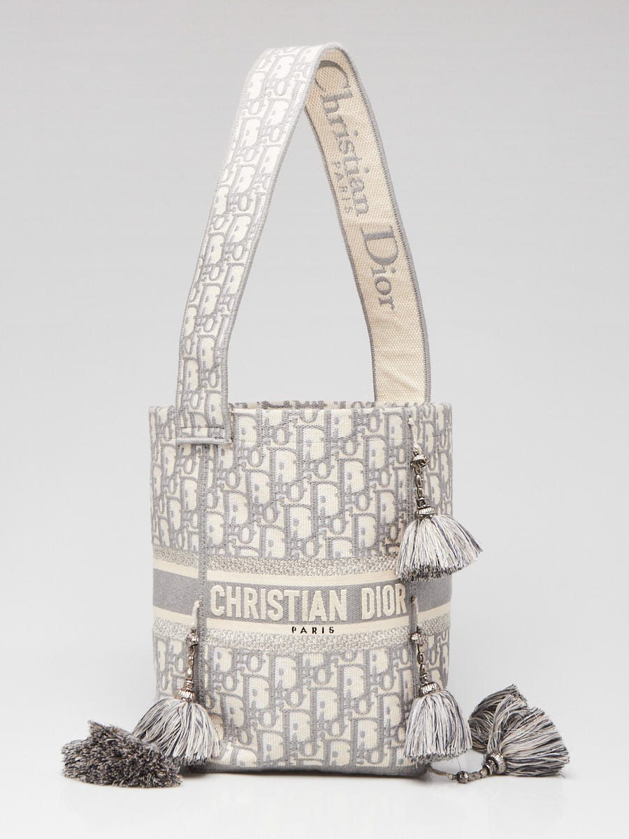 Dior Grey Embroidered Canvas Oblique D-Bubble Bucket Bag - Yoogi's Closet