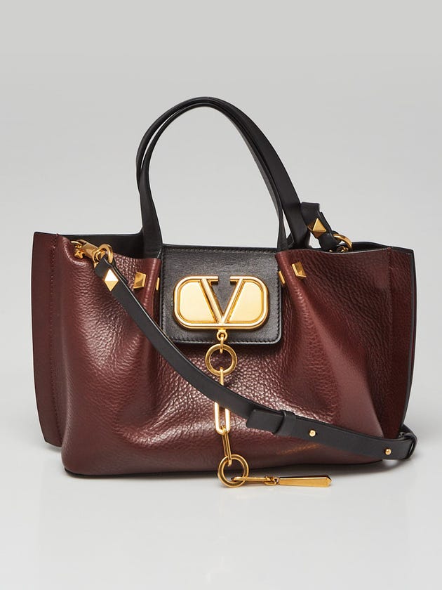 Valentino Burgundy/Black Pebbled Leather V-Logo Escape Small Convertible Tote Bag