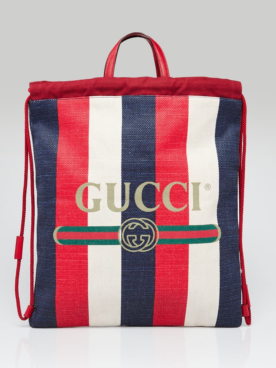 Gucci Red/White/Blue Striped Canvas Drawstring Backpack Bag