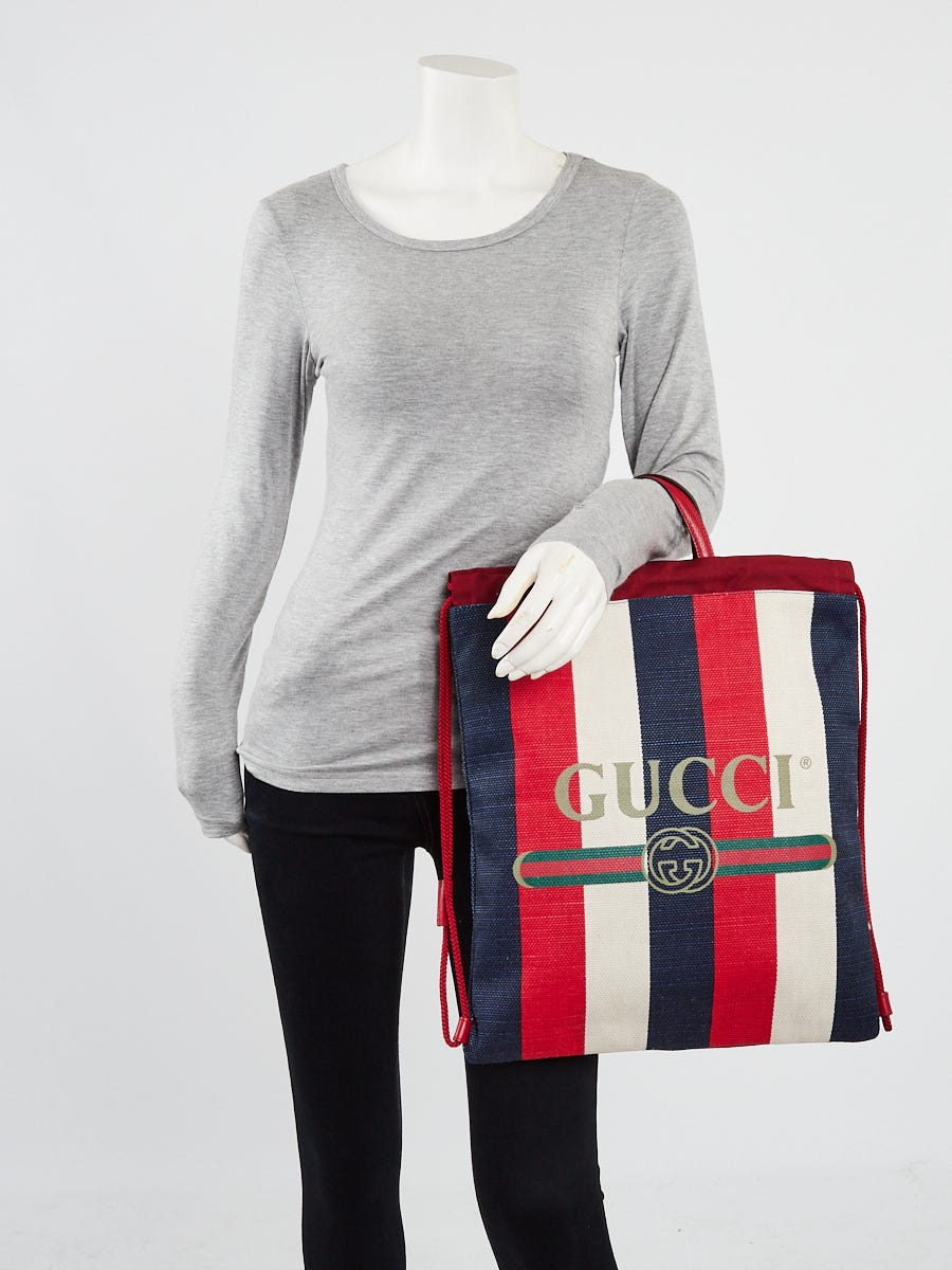 Gucci Logo Striped Leather Canvas Tote Bag Red White Blue