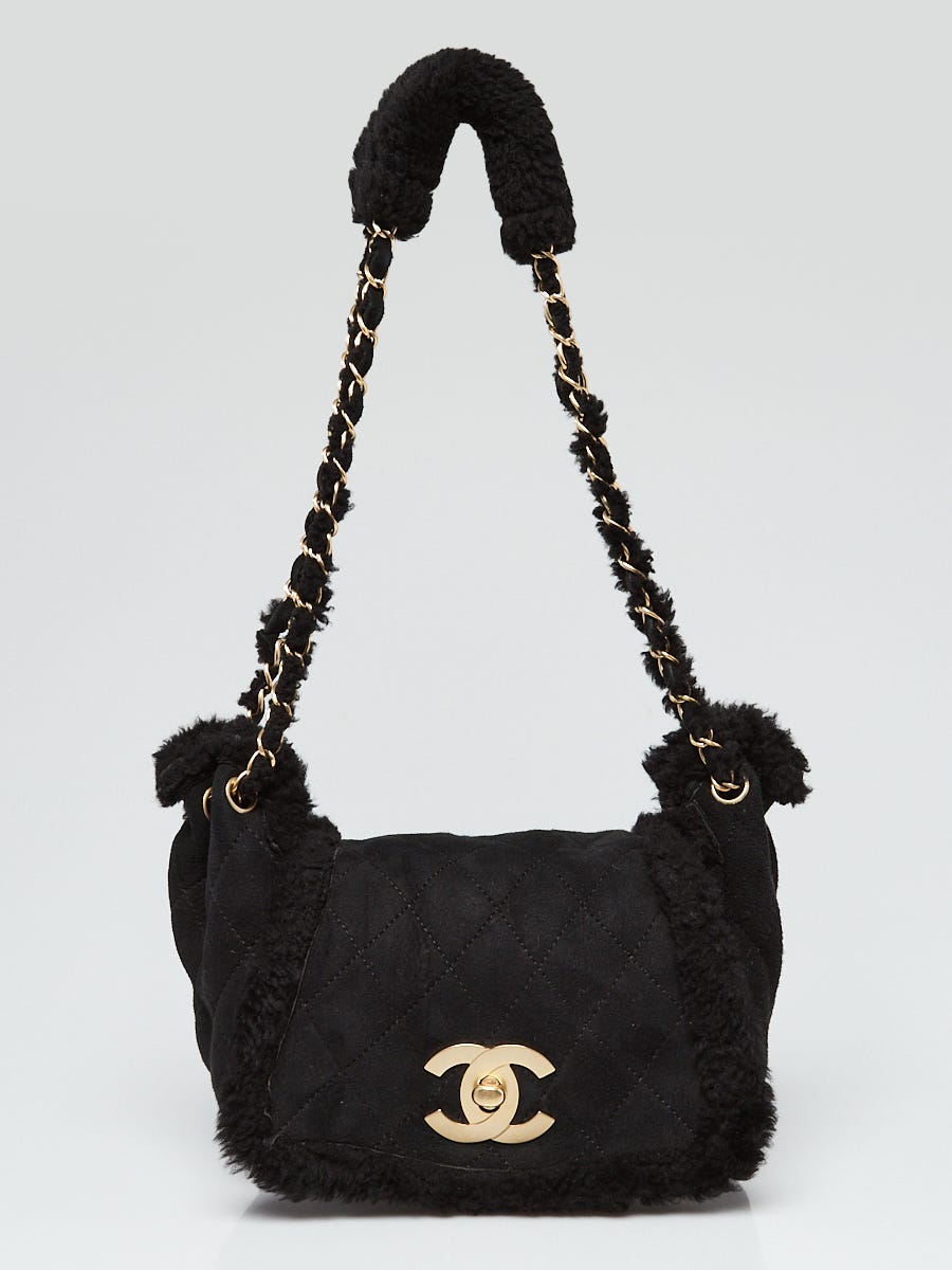 Chanel Black Quilted Suede and Shearling Accordion Flap Bag - Yoogi's Closet