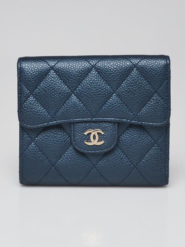 Chanel Dark Blue Quilted Caviar Leather CC Compact Flap Wallet