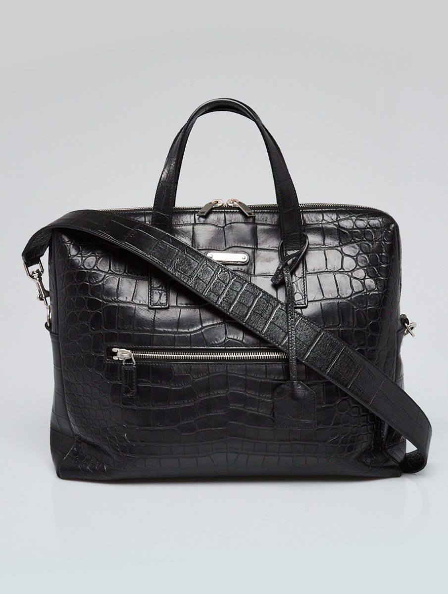 Yves Saint Laurent Black Croc Embossed Leather Briefcase Bag