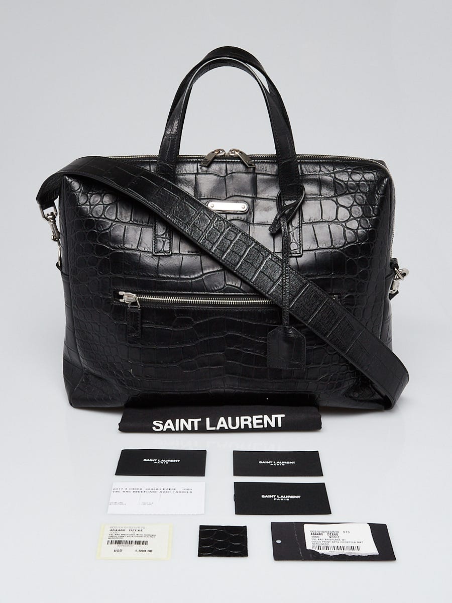 Yves Saint Laurent Black Croc Embossed Leather Briefcase Bag