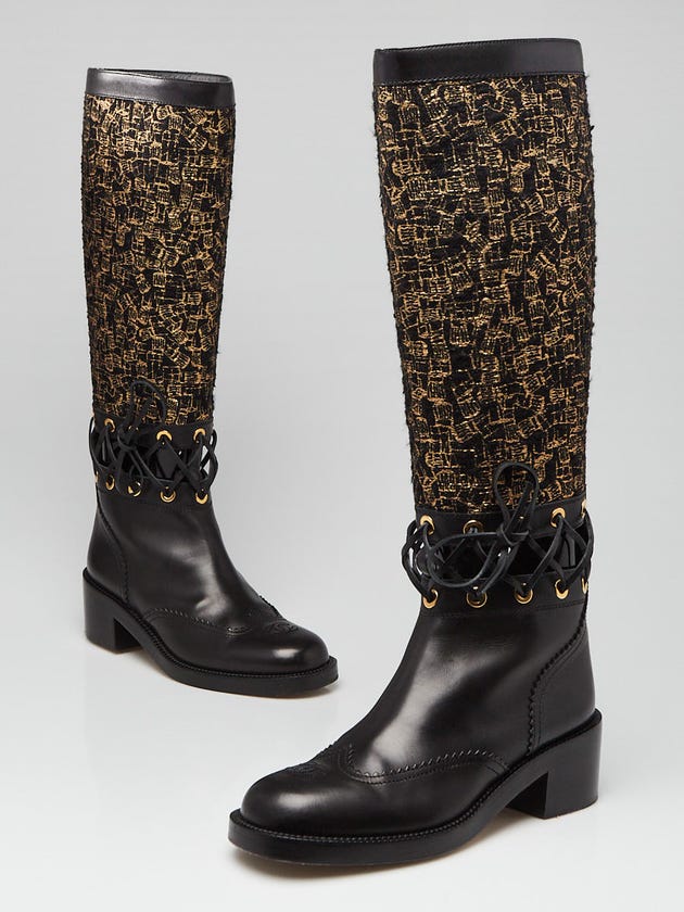 Chanel Black/Gold Leather and Fabric CC Knee-High Boots Size 8.5/39